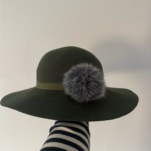Chic Dark Green Hat with Gray Faux Fur Pom